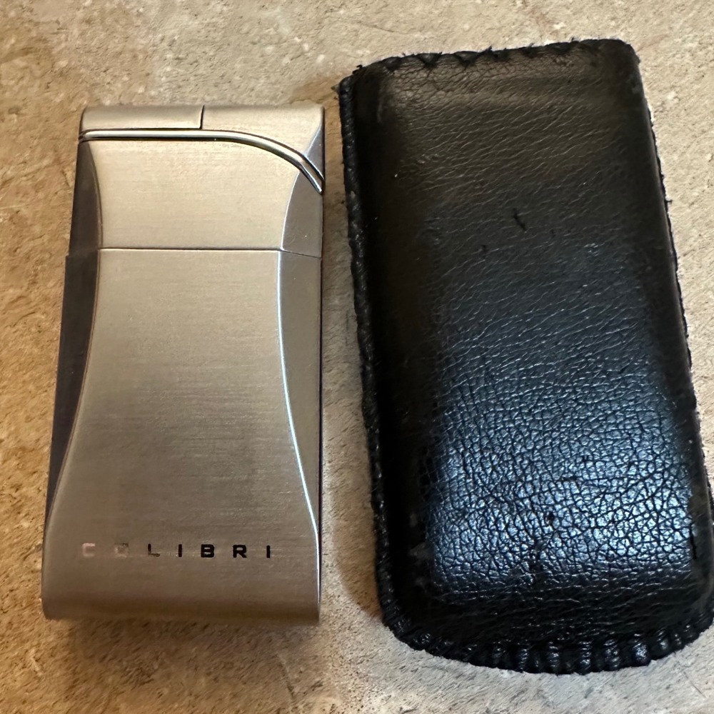 Colibri Brushed Silver Tone Butane Torch Cigar Lighter with Leather Case Case